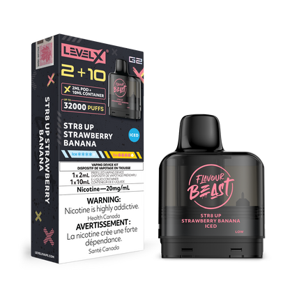 Level X G2 Str8 Up Strawberry Banana Vape Pod and packaging with 'Flavour Beast' branding on a white background