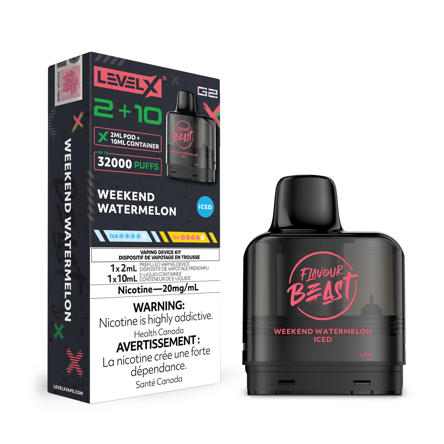 Level X G2 Weekend Watermelon Iced Vape Pod and packaging with 'Flavour Beast' branding on a white background
