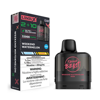 Level X G2 Weekend Watermelon Iced Vape Pod and packaging with 'Flavour Beast' branding on a white background
