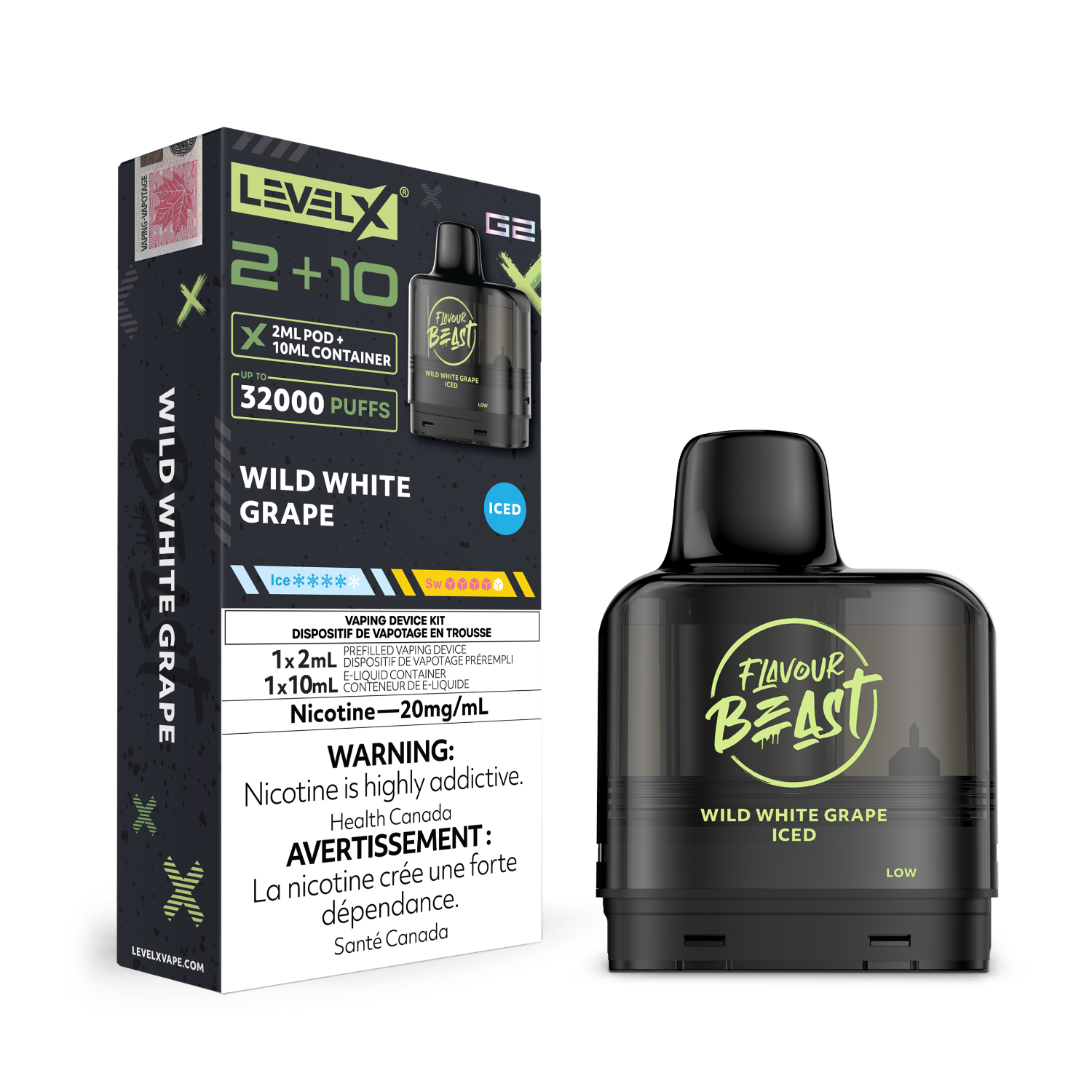 Flavour Beast Wild White Grape vape device and Level X G2 packaging on a white background