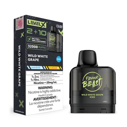 Flavour Beast Wild White Grape vape device and Level X G2 packaging on a white background