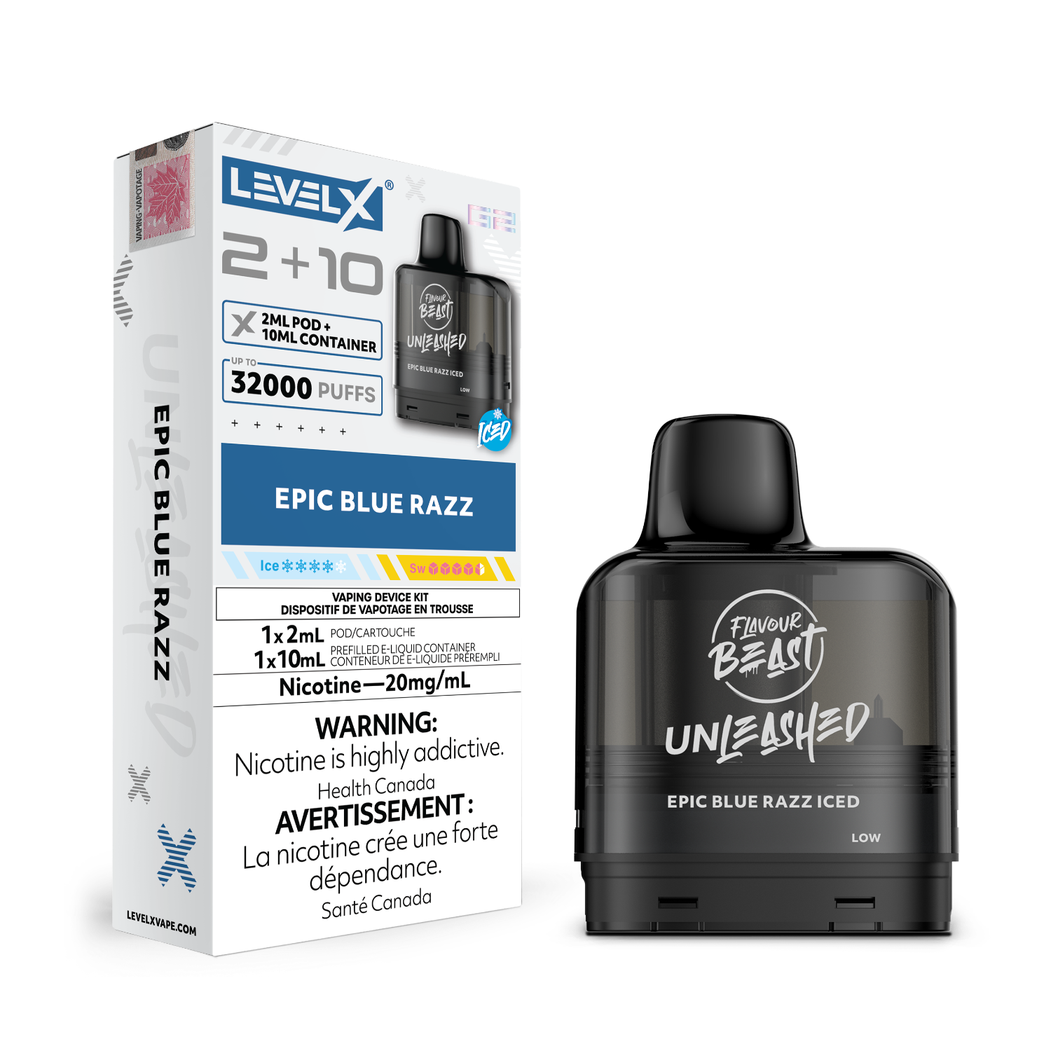 Level X G2 Epic Blue Razz Iced Vape Pod and packaging with 'Flavour Beast' branding on a white background