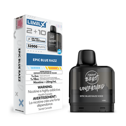 Level X G2 Epic Blue Razz Iced Vape Pod and packaging with 'Flavour Beast' branding on a white background