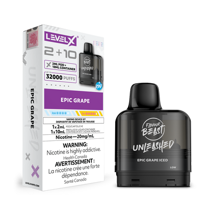 Level X G2 Epic Grape Disposable vape Pod and packaging with Flavour Beast branding on a white background