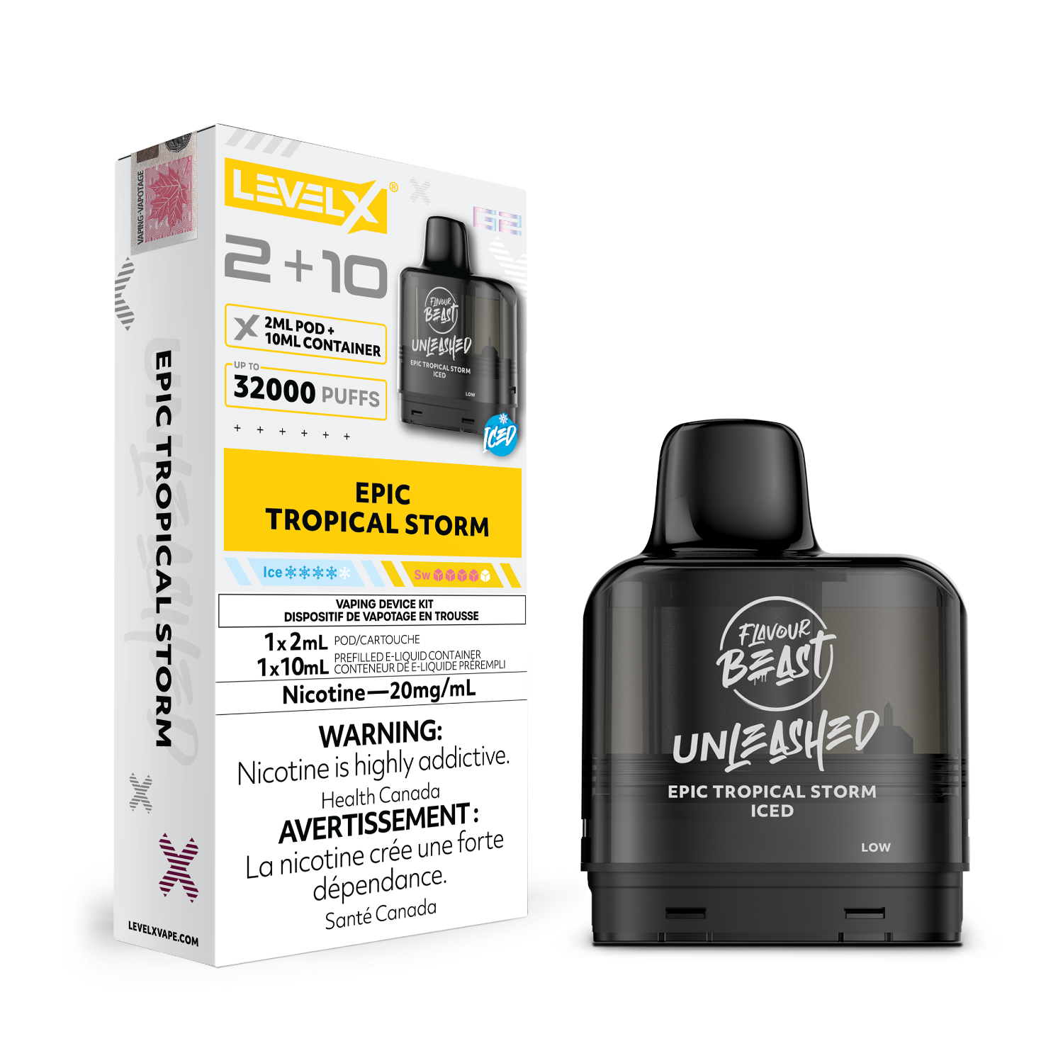 Level X G2 Epic Tropical Storm Disposable Vape Pod and packaging with 'Flavour Beast' branding on a white background