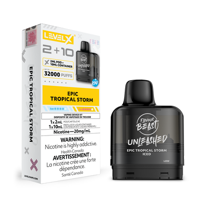 Level X G2 Epic Tropical Storm Disposable Vape Pod and packaging with 'Flavour Beast' branding on a white background