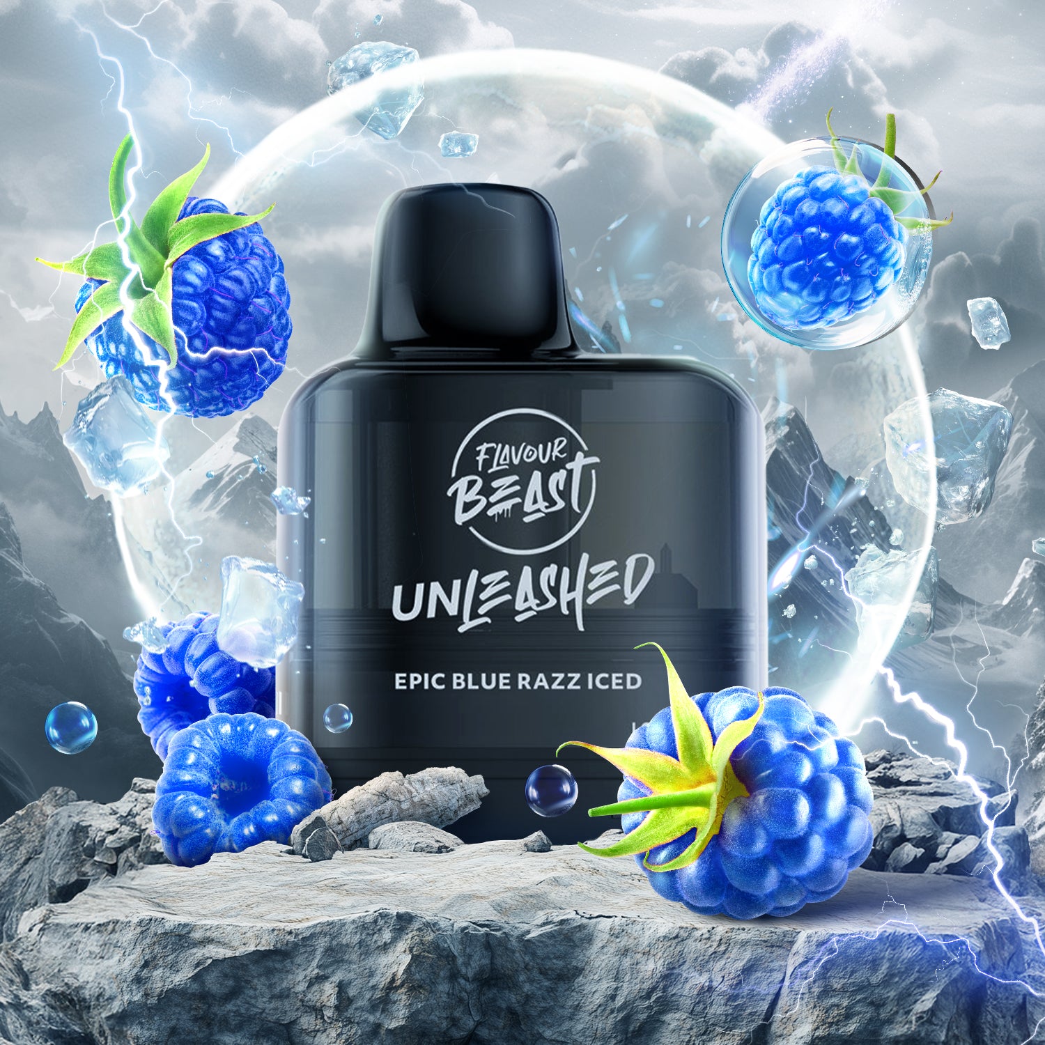 Flavour Beast Level X G2 Blue Razz Iced Vape Pod  with blueberries, Raspberry and ice on a rocky background