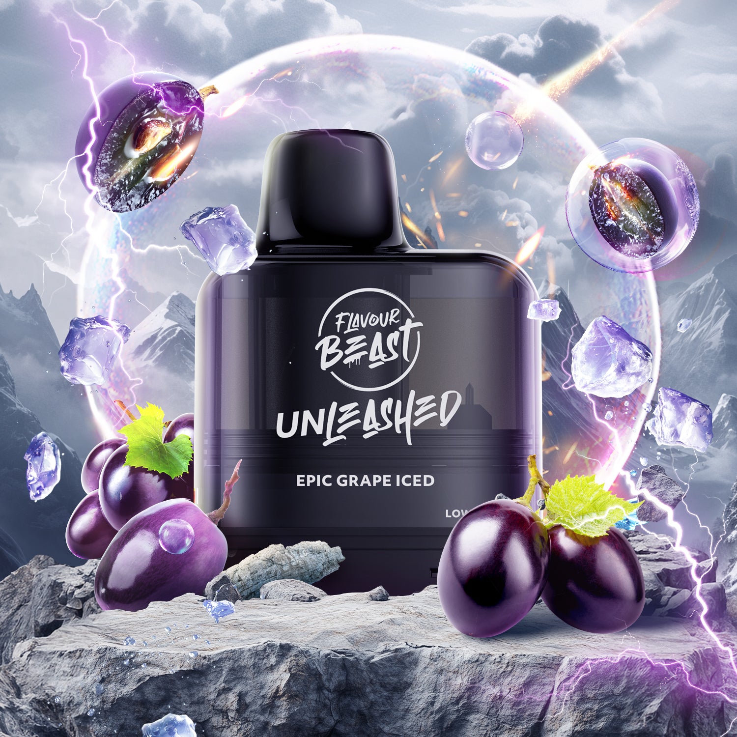 Flavour Beast Level X G2 Unleashed Epic Grape Iced disposable vape pod with grape graphics on a dynamic background