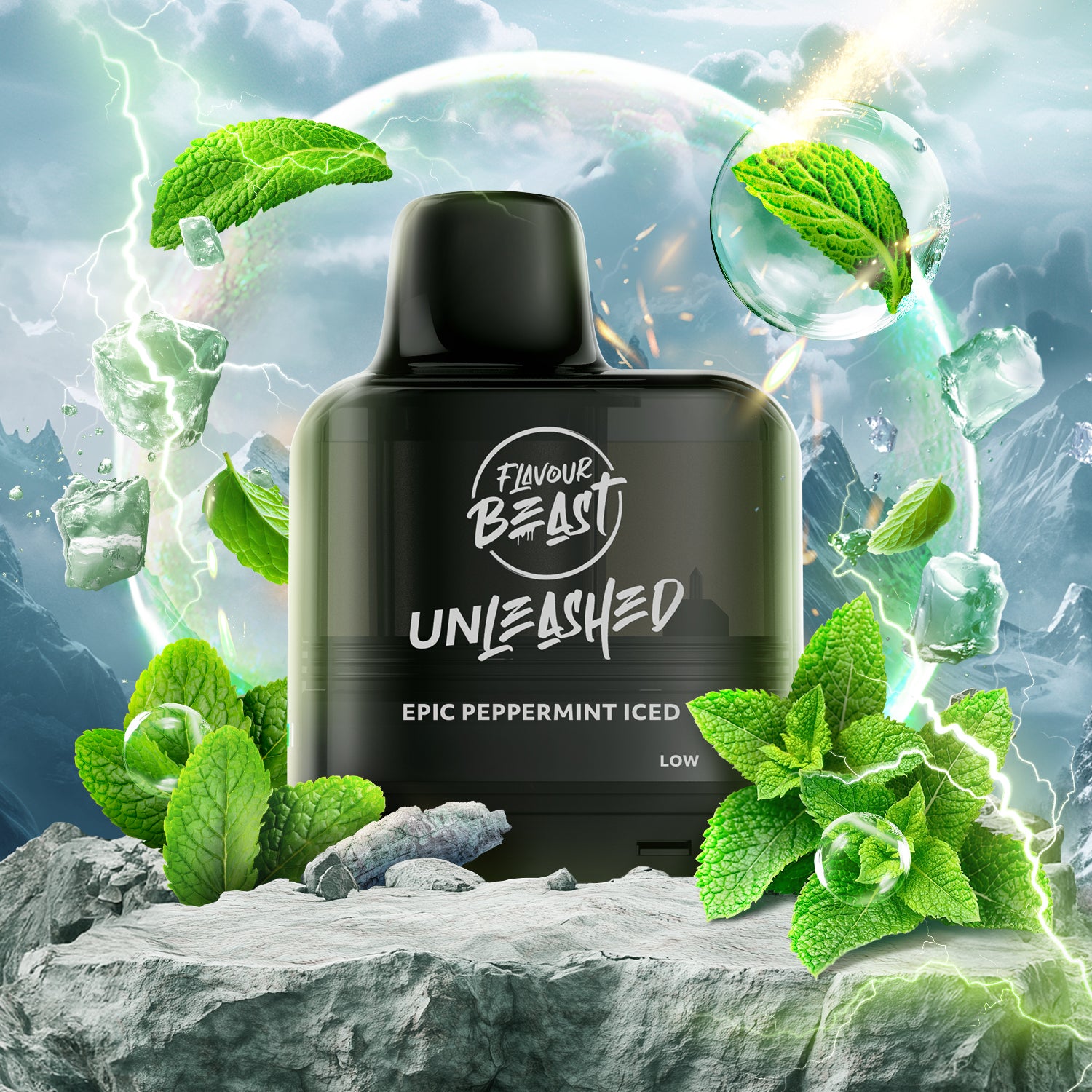 Flavour Beast Level X G2 Epic Peppermint Iced vape Pod with mint leaves and ice cubes on a rocky background