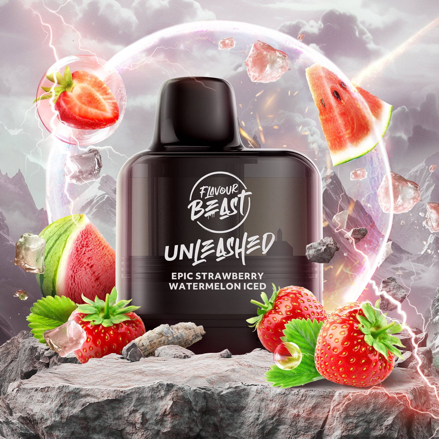 Flavour Beast Level X G2 Strawberry Watermelon Iced Disposable Vape Pod with strawberry and watermelon graphics on a dynamic background