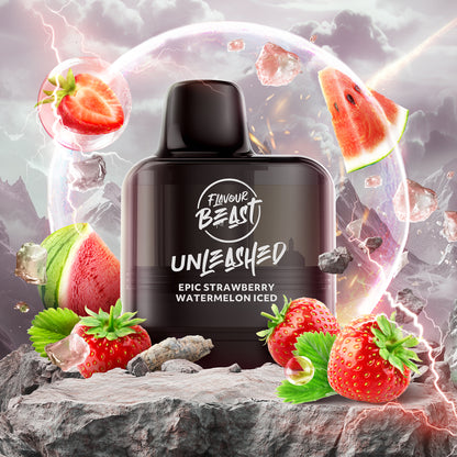 Flavour Beast Level X G2 Strawberry Watermelon Iced Disposable Vape Pod with strawberry and watermelon graphics on a dynamic background