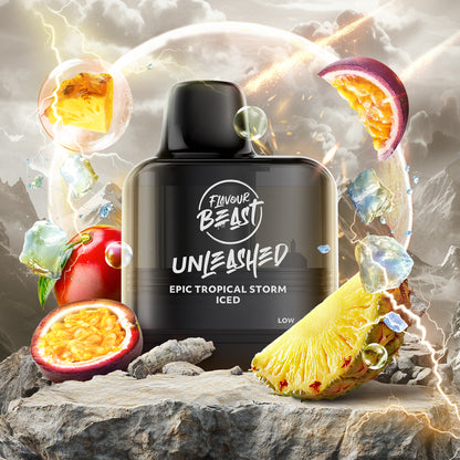 Flavour Beast Unleashed Level X G2 Epic Tropical Storm Disposable vape Pod with tropical fruit, Pineapple, Passion Fruit and Ice on a dynamic background