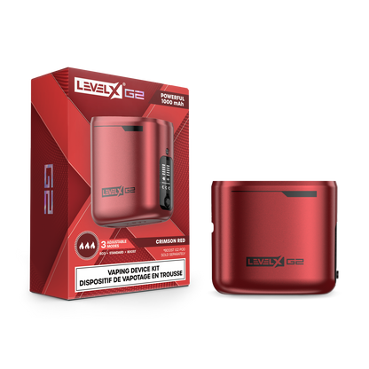 Crimson Red Level X G2 vaping device with packaging on a white background