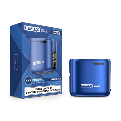 Electric Blue device with Level X G2 packaging on a white background