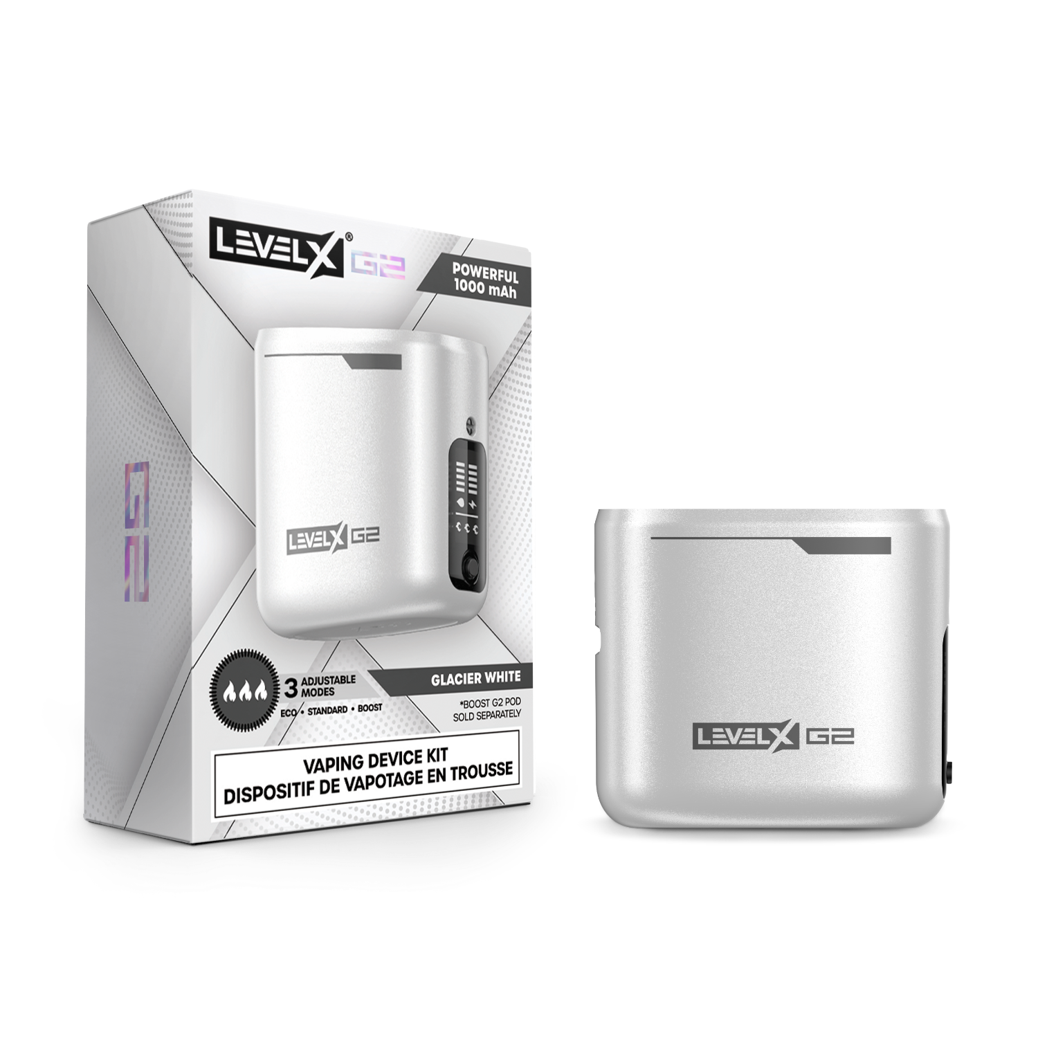 Glacier White LevelX G2 vaping device with packaging on a white background