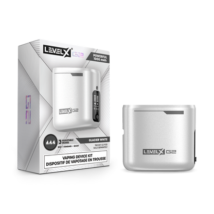 Glacier White LevelX G2 vaping device with packaging on a white background