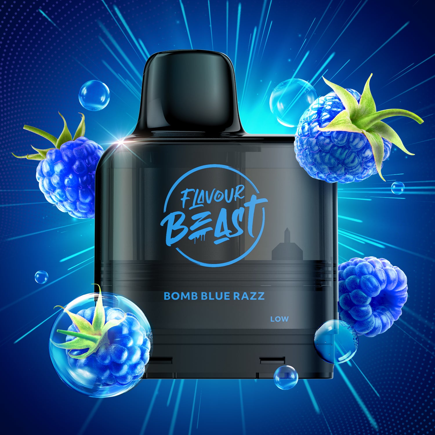 Flavour Beast Level X G2 Bomb Blue Razz vape pod with blueberries on a blue background