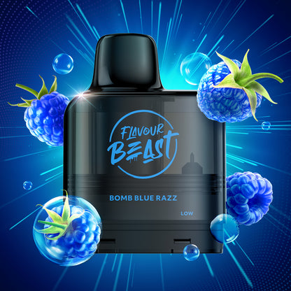Flavour Beast Level X G2 Bomb Blue Razz vape pod with blueberries on a blue background