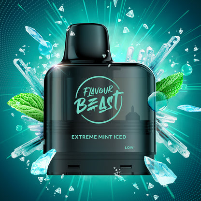 Flavour Beast Level X G2 Extreme Mint vape Pod with mint leaves and ice crystals on a teal background