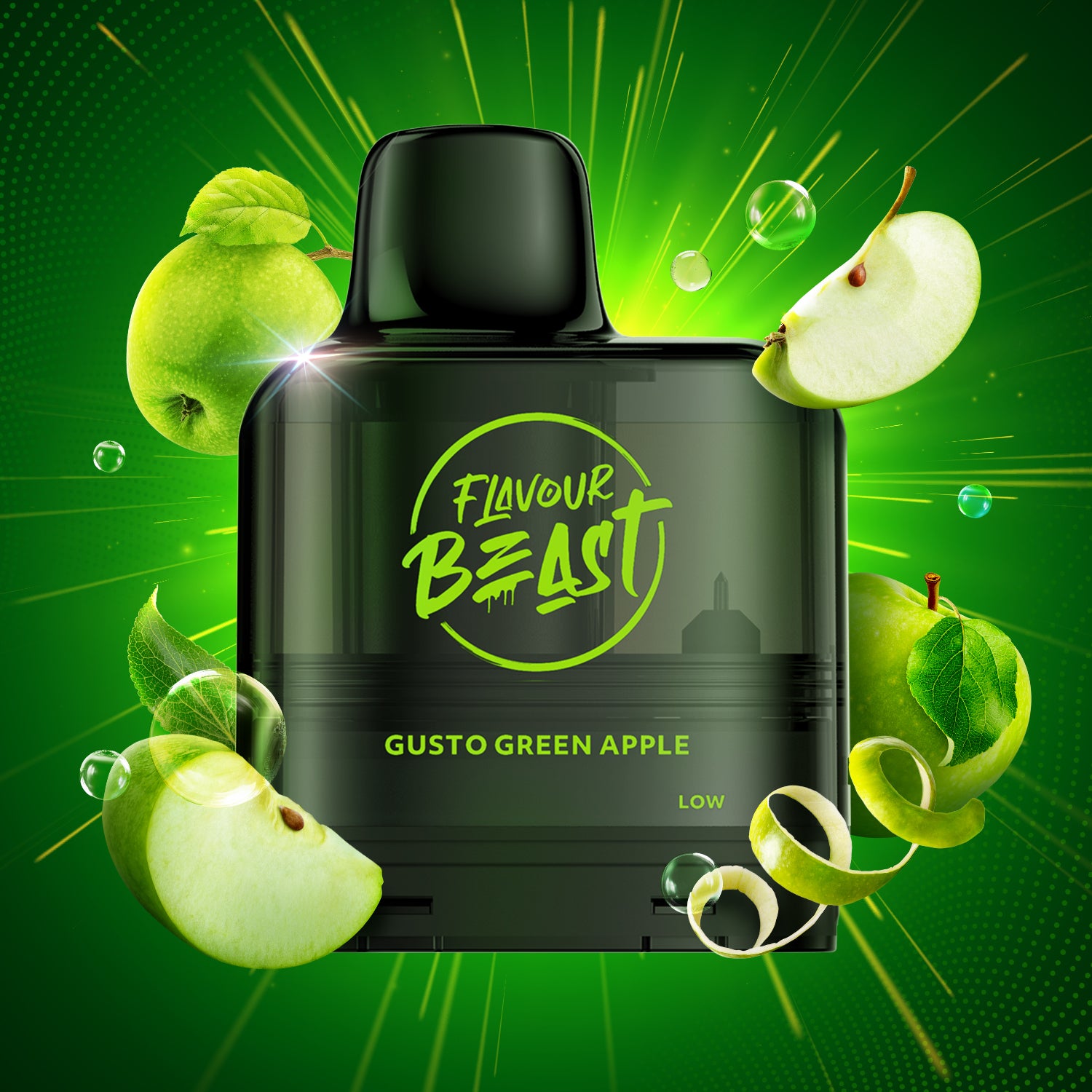 Flavour Beast Level X G2 Gusto Green Apple vape Pod with green apples on a green background