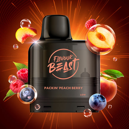 Flavour Beast Level X Packin' Peach Berry Vape Pod  with peach, berry, and blueberry graphics on an orange background