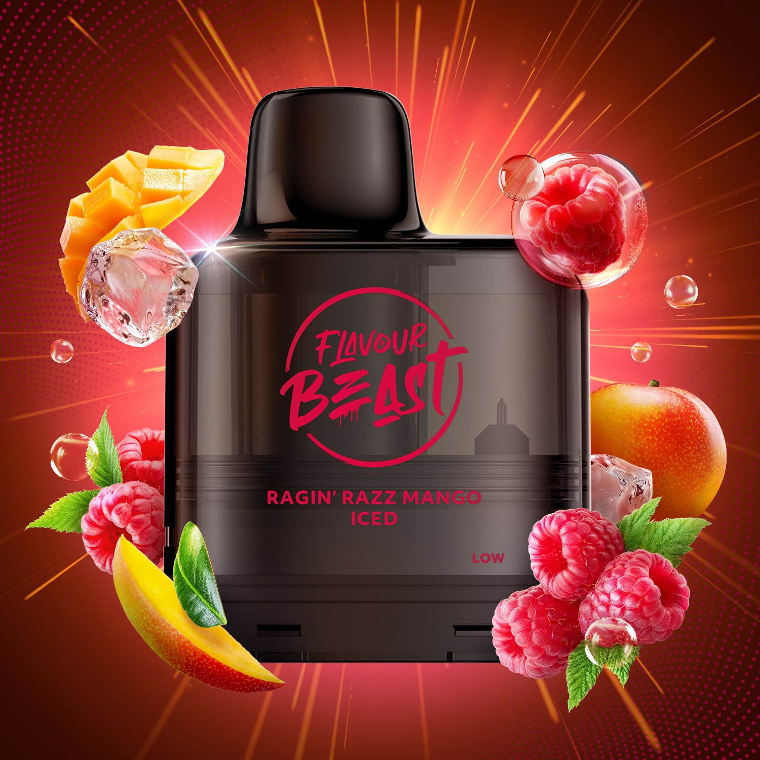 Flavour Beast Level X G2 Ragin' Razz Mango vape pod with mango and raspberry graphics on a red background