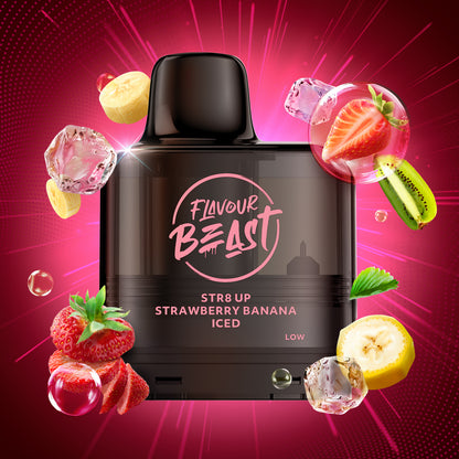 Flavour Beast Level X G2 vape pod with strawberry, banana Iced, graphics on a pink background