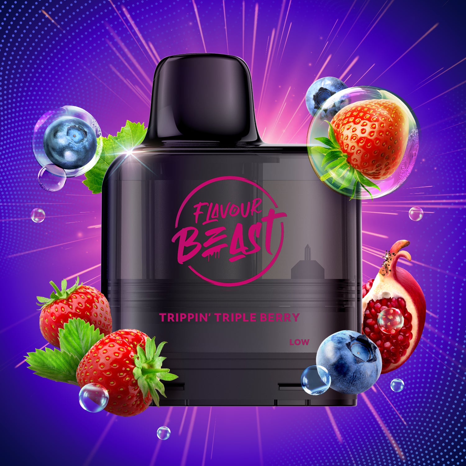 Flavour Beast  Level X G2  Trippn' Triple Berry vape pod with berry graphics on a vibrant purple background