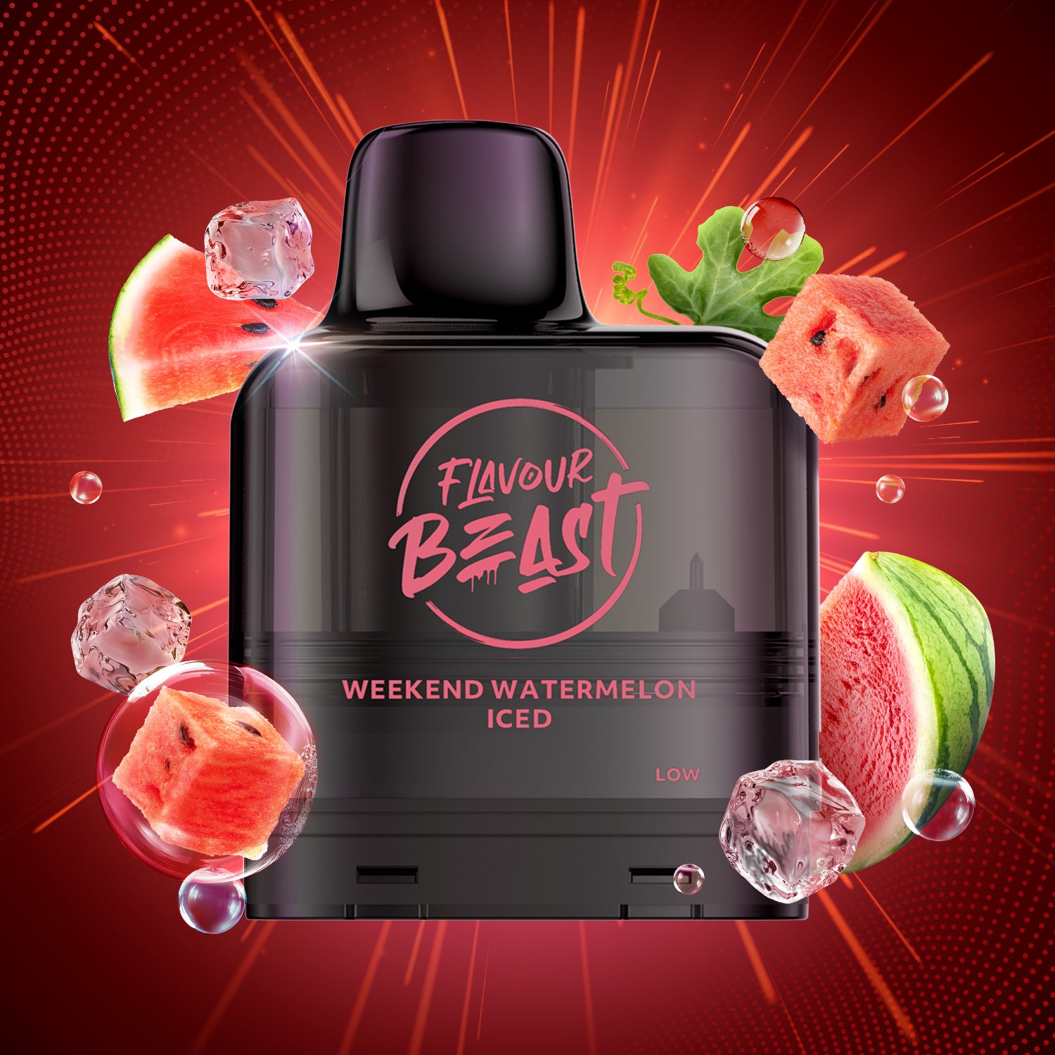Flavour Beast Level X G2 Vape Pod with weekend watermelon iced flavor on a red background with watermelon slices.