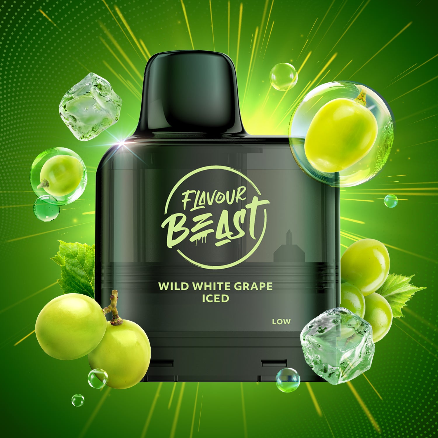Flavour Beast Level X G2 Wild White Grape Iced vape Pod on a green background with grapes and ice cubes.