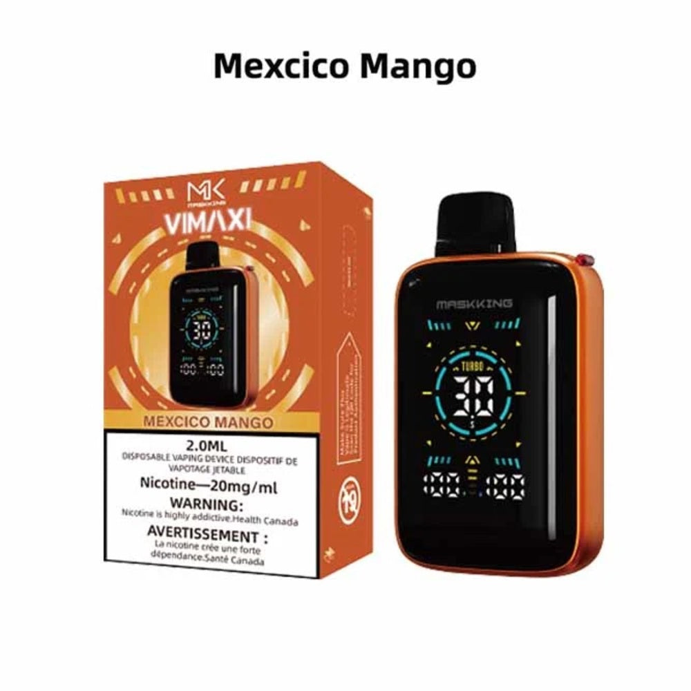 Maskking Vimaxi Disposable - Mexcico Mango 20mg 2ml up close, showcasing sleek design and tropical mango flavor.