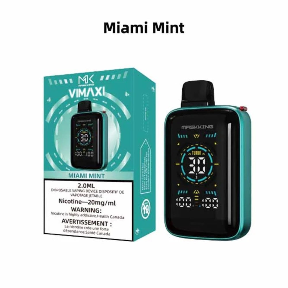 Maskking Vimaxi Disposable - Miami Mint 20mg 2ml up close, showcasing sleek design and crisp mint flavor.