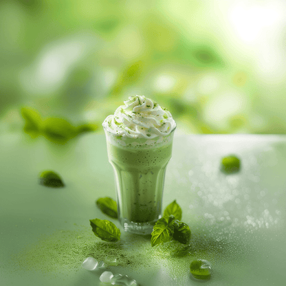 Matcha Frappe RELX Nic Salt E-Liquid 20mg 30mL displayed with vibrant green tea visuals and frosty elements, emphasizing its creamy, earthy flavor.