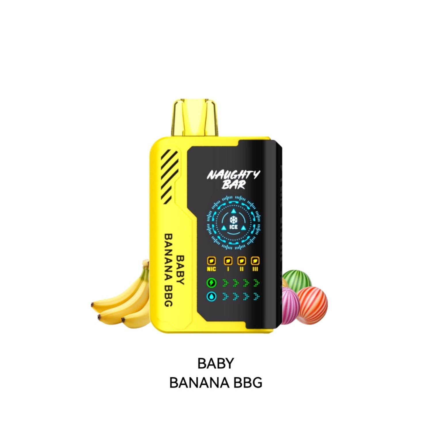 Yellow Disposable vape device with 'Naughty Bar' branding and 'Baby Banana BBG' flavor text on a white background.