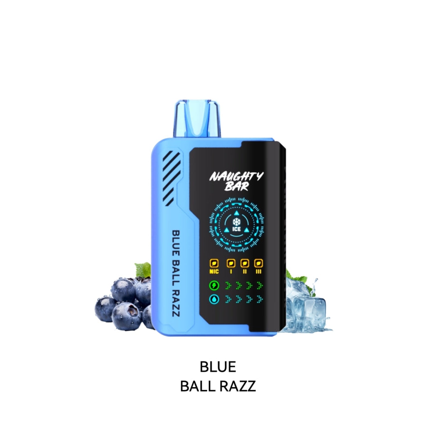 Naughty Bar Blue Ball Razz Blue Disposable vape device with 'Naughty Bar' branding and blueberries in the background on a white background