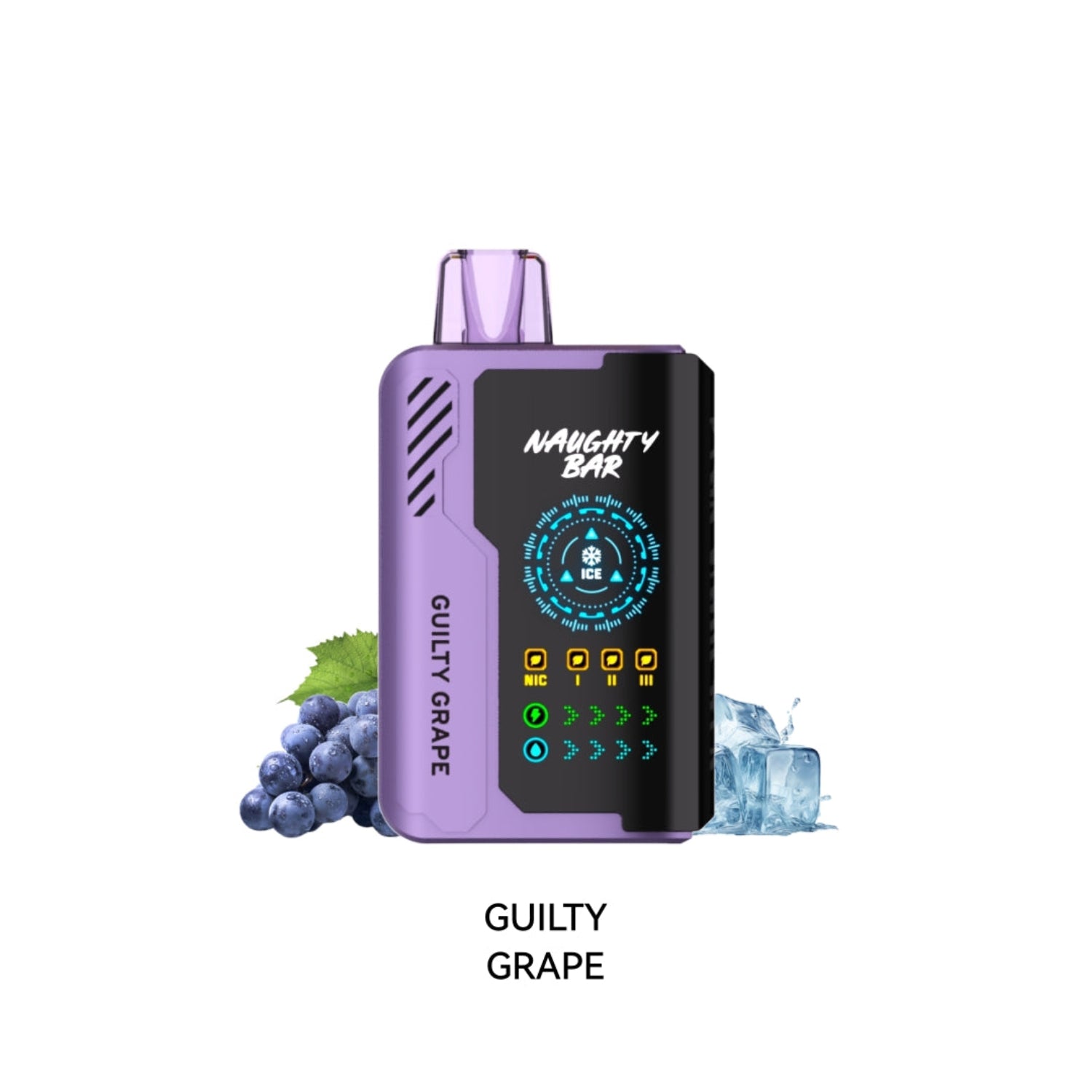 Dispoable Vape device with 'Naughty Bar' branding and 'Guilty Grape' flavor text on a white background.