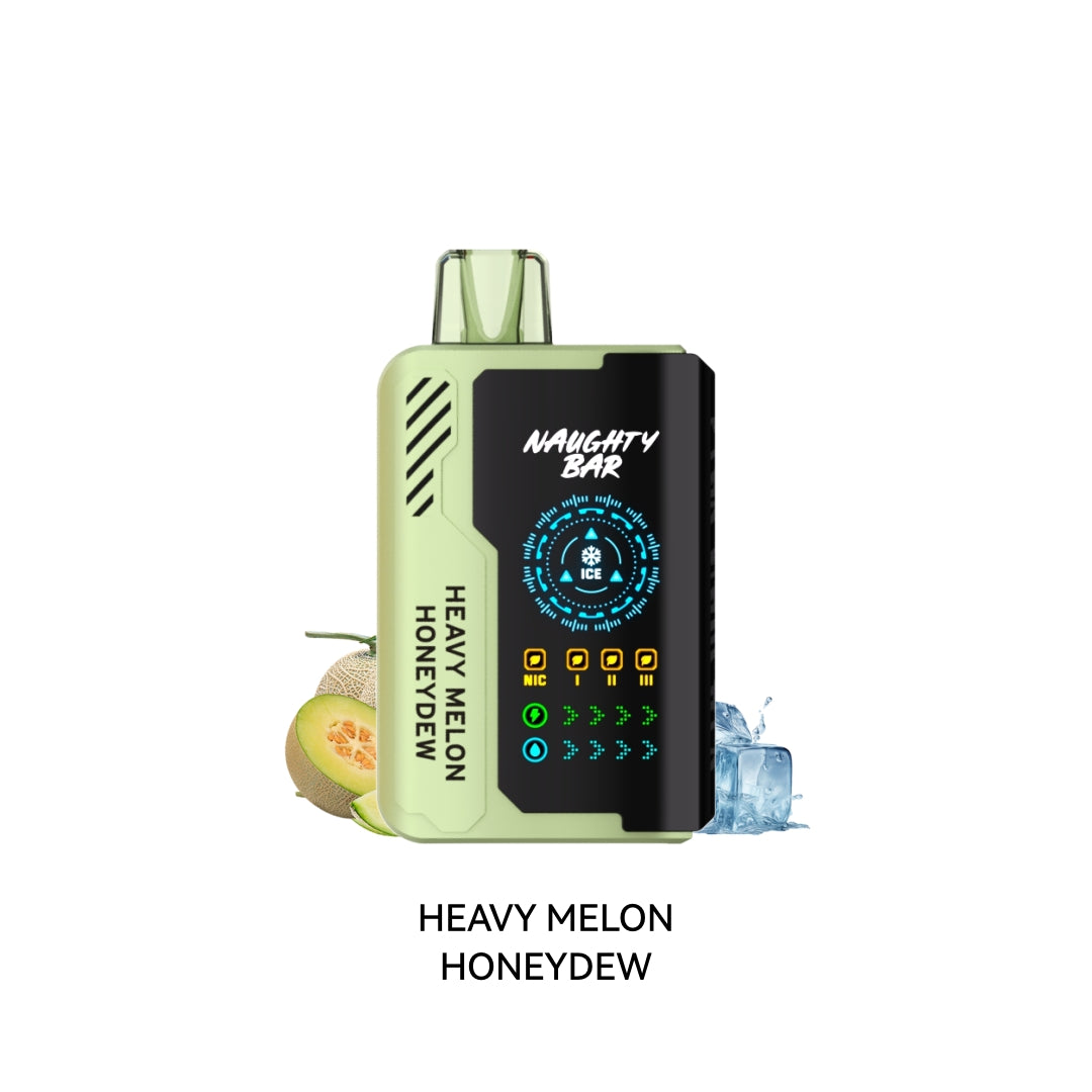 Disposable Vape device with 'Naughty Bar' branding and 'Heavy Melon Honeydew' flavor text on a white background.