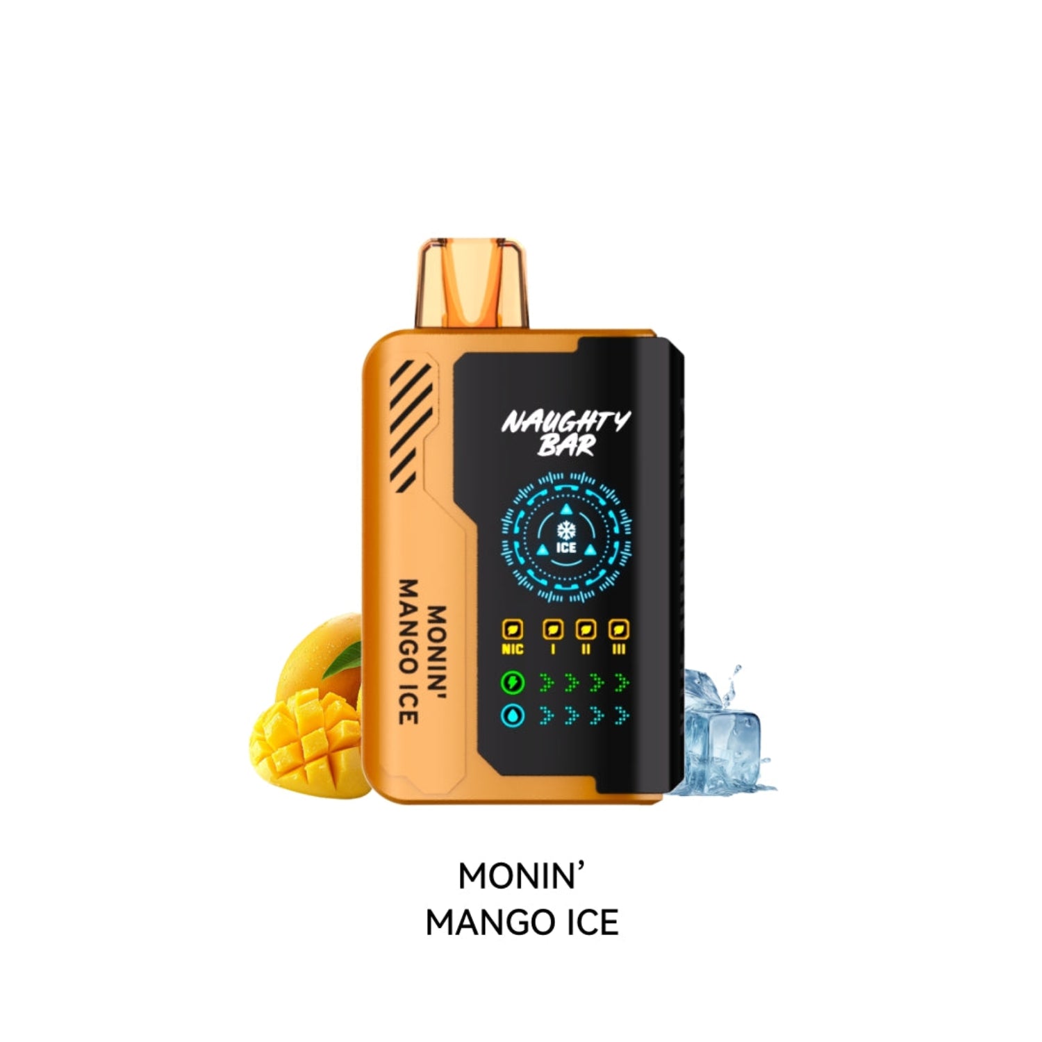 Disposable Vape device with 'Naughty Bar' branding and 'Monin Mango Ice' flavor on a white background.