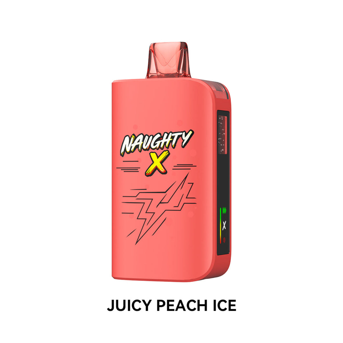 A coral pink disposable vape device with 'NAUGHTY X' branding and a lightning graphic on the front, shown against a plain white background with the text 'JUICY PEACH ICE' underneath.