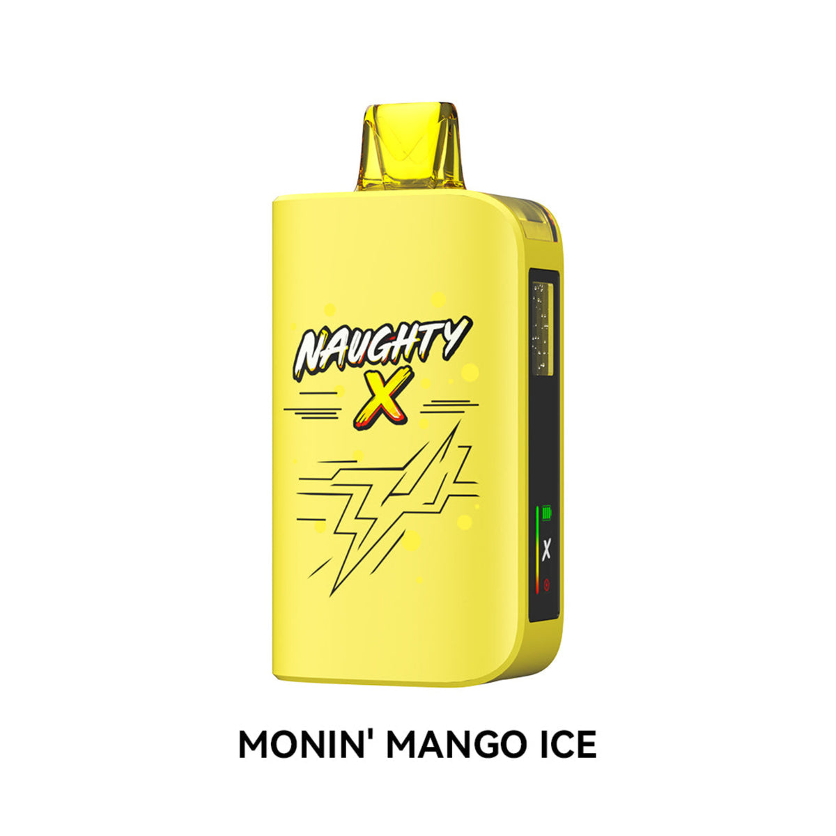 A bright yellow disposable vape device labeled 'NAUGHTY X' with a lightning graphic, shown on a white background with the text 'MONIN' MANGO ICE' below.