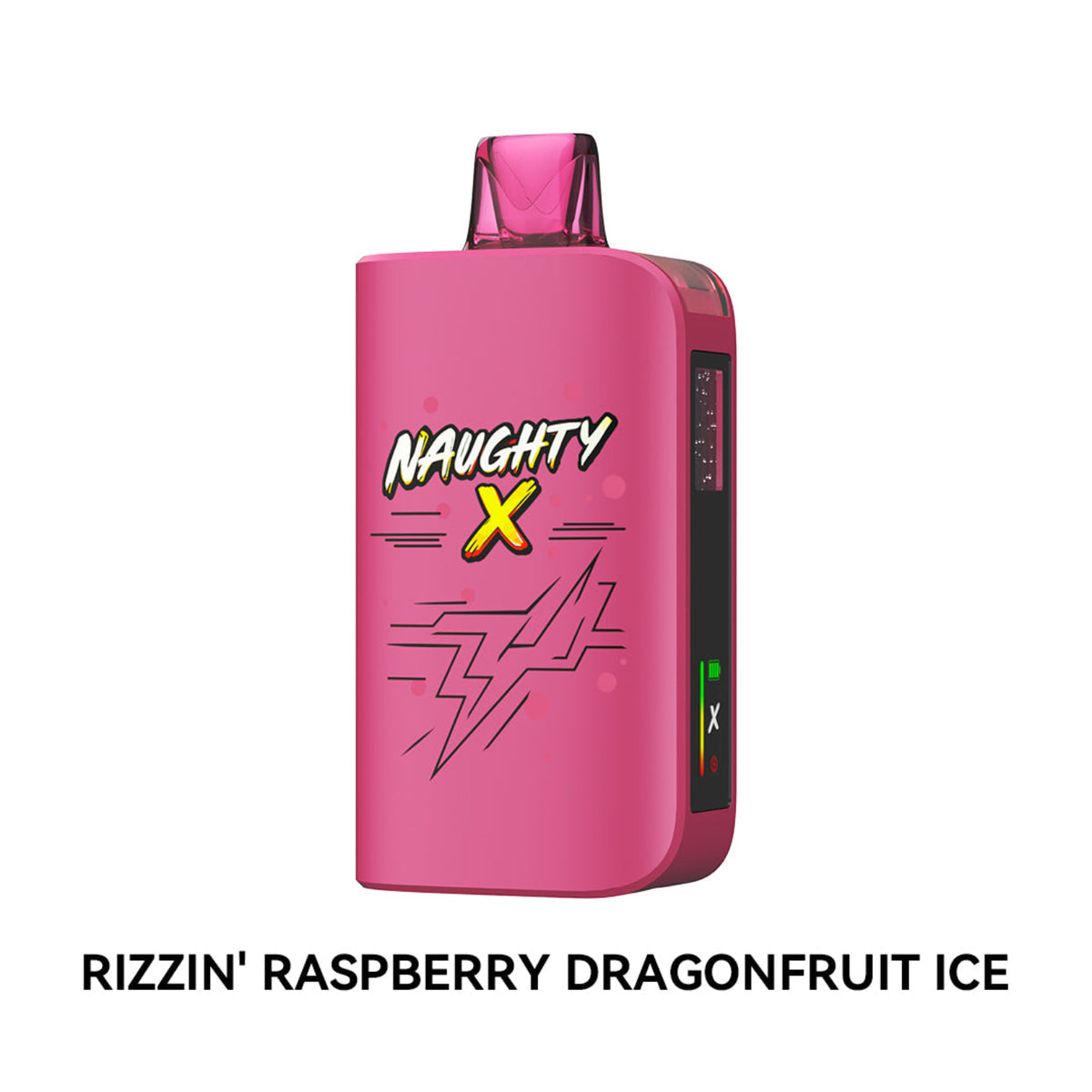 A pink disposable vape device with 'NAUGHTY X' branding and a lightning graphic on the front, shown against a white background with the text 'RIZZIN' RASPBERRY DRAGONFRUIT ICE' below.