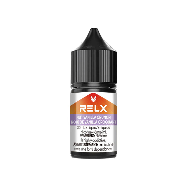 Nut Vanilla Crunch RELX Nic Salt E-Liquid 20mg 30mL bottle, showcasing creamy vanilla and nutty flavors.