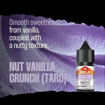 Nut Vanilla Crunch RELX Nic Salt E-Liquid 20mg 30mL displayed with vibrant visuals of nuts and creamy vanilla, emphasizing its dessert-like flavor.