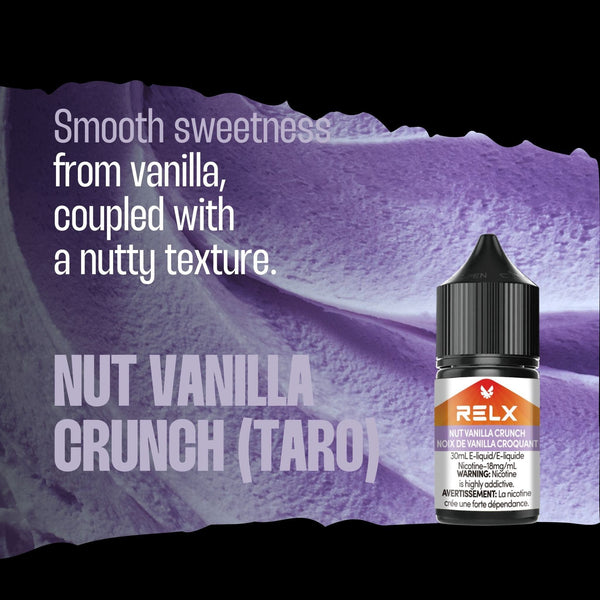 Nut Vanilla Crunch RELX Nic Salt E-Liquid 20mg 30mL displayed with vibrant visuals of nuts and creamy vanilla, emphasizing its dessert-like flavor.