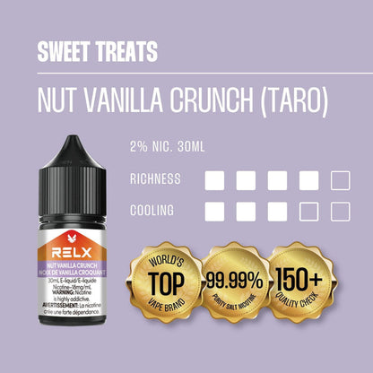 Nut Vanilla Crunch RELX Nic Salt E-Liquid with roasted nuts and vanilla pods, highlighting its rich, smooth taste.