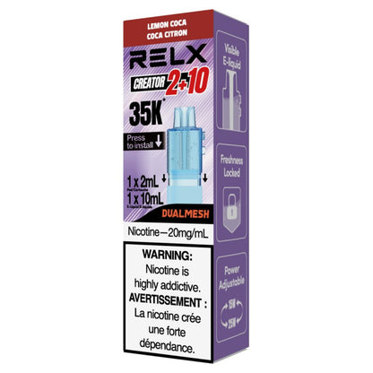 Relx Creator Lemon Cola Disposable Vape Pod packaging on a white background