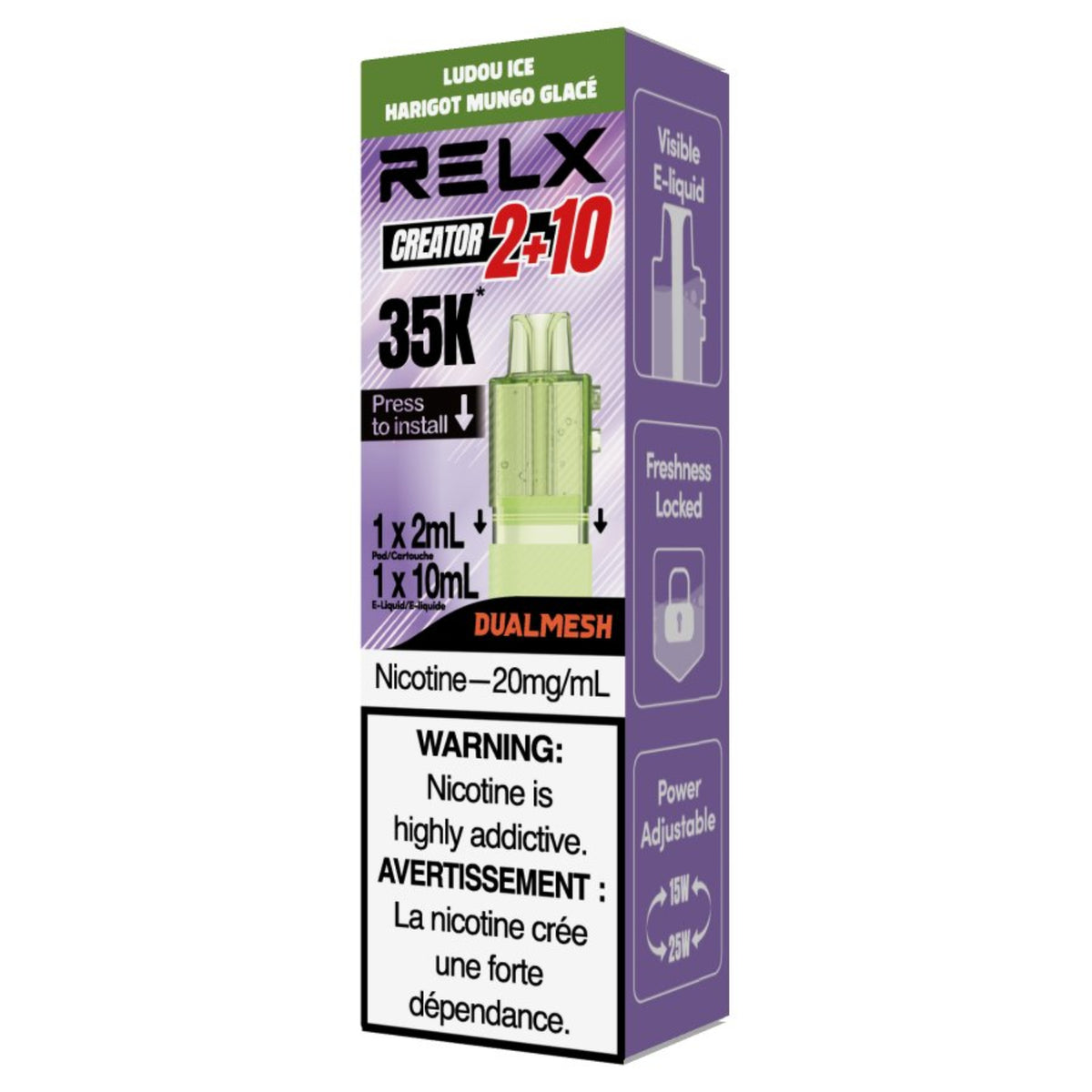 RELX Creator Ludou Ice 2+10 Disposable vape Pod packaging on a white background