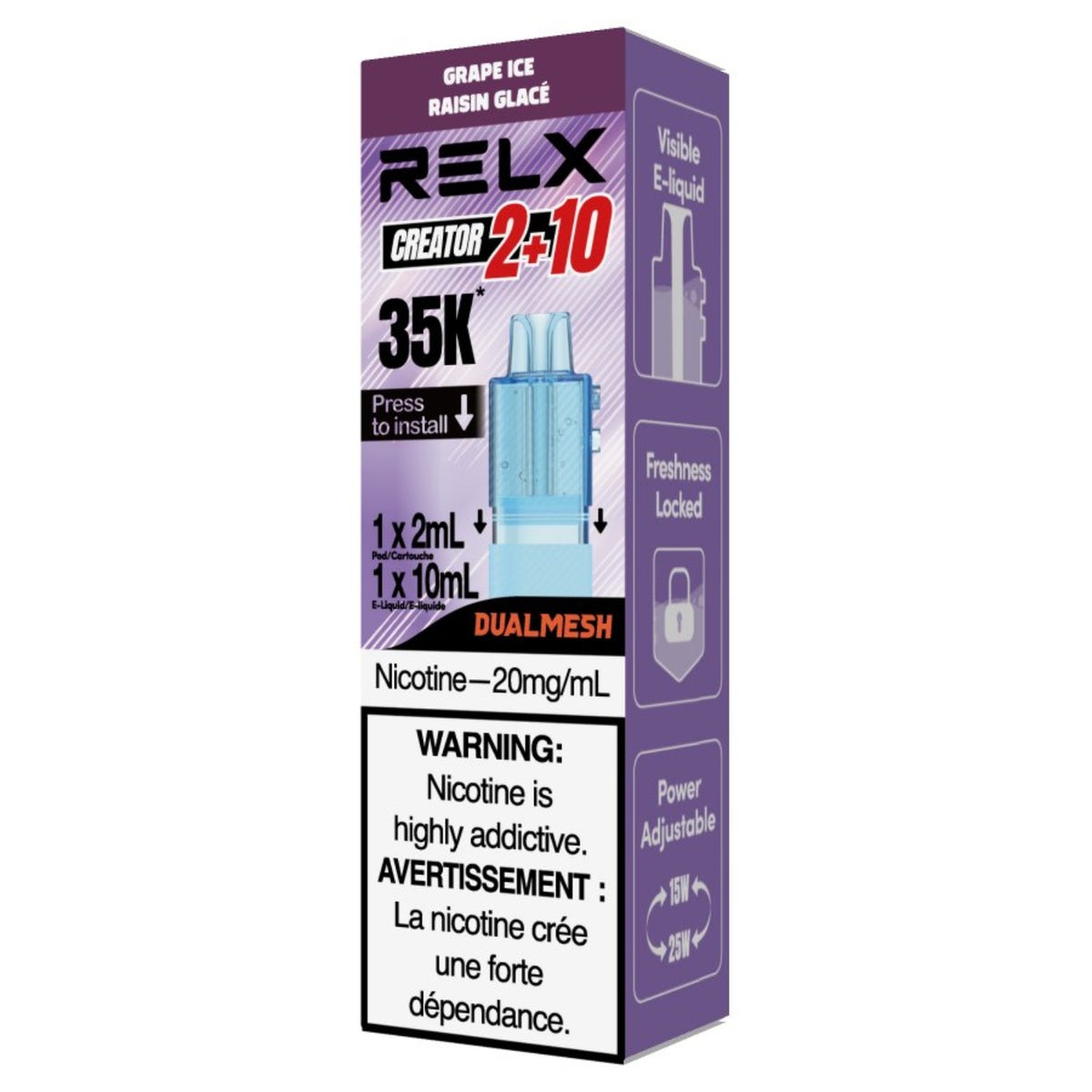 RELX Creator Grape Ice 2+10 disposable vape Pod packaging on a white background