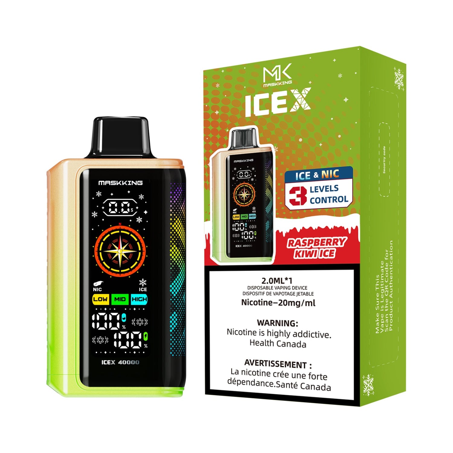 Maskking IceX Raspberry Kiwi Ice Disposable Vape device and packaging with 'MK' branding on a white background