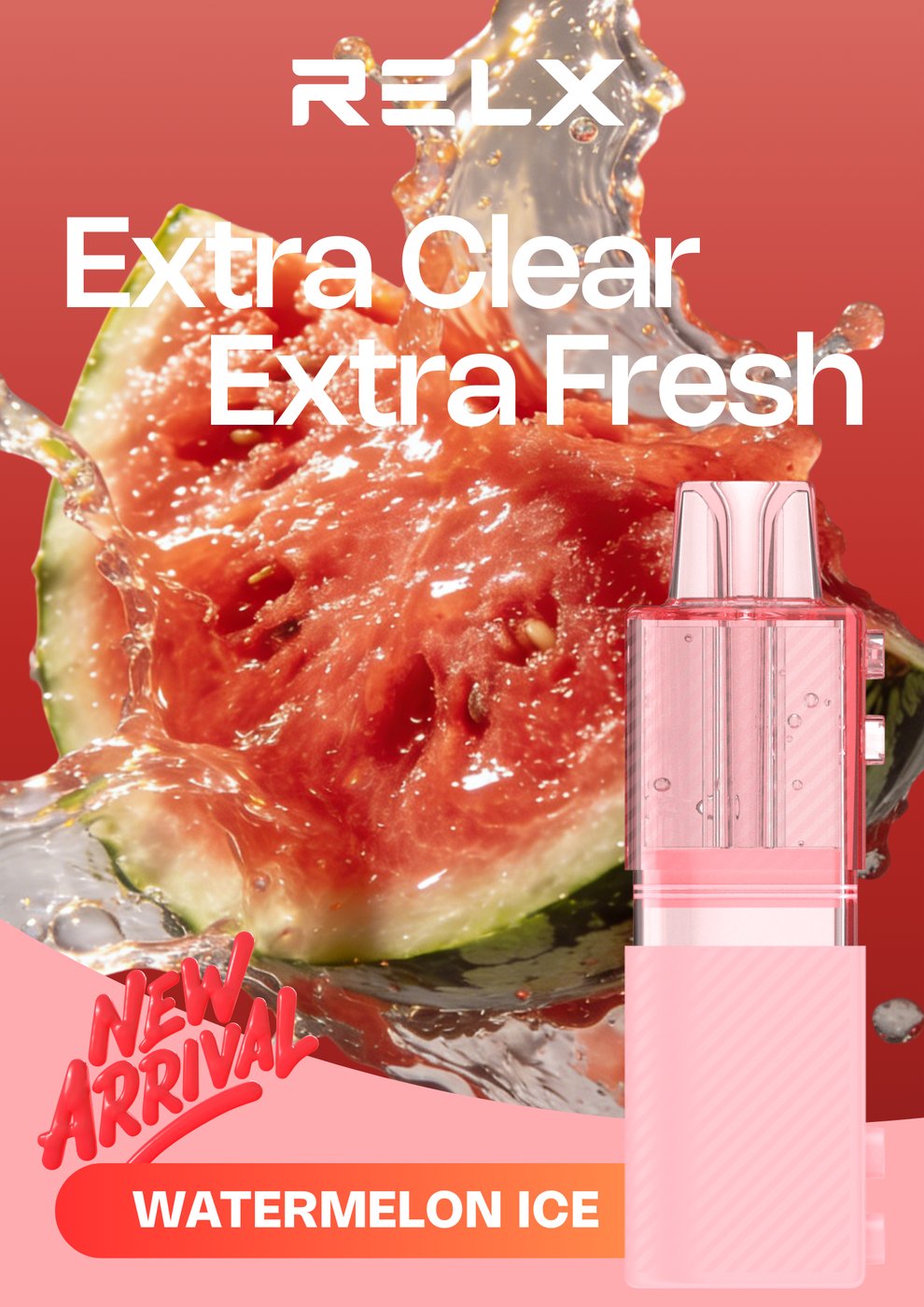 RELX Creator disposable vape Pod with watermelon ice flavor on a red background